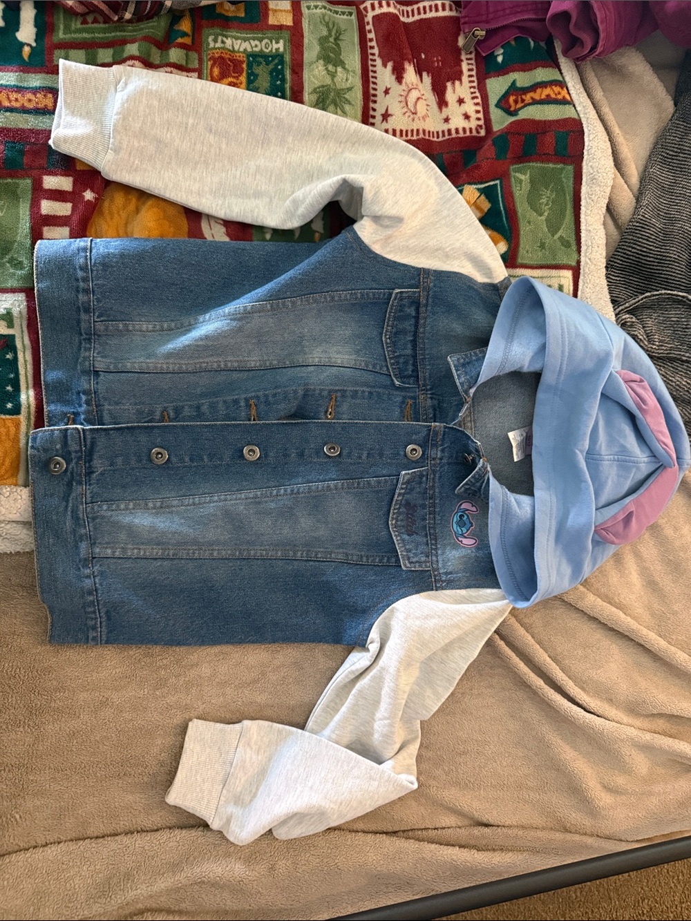 Disney Blue Denim Jacket with Light Gray Sleeves and Pastel Blue-Pink Hood